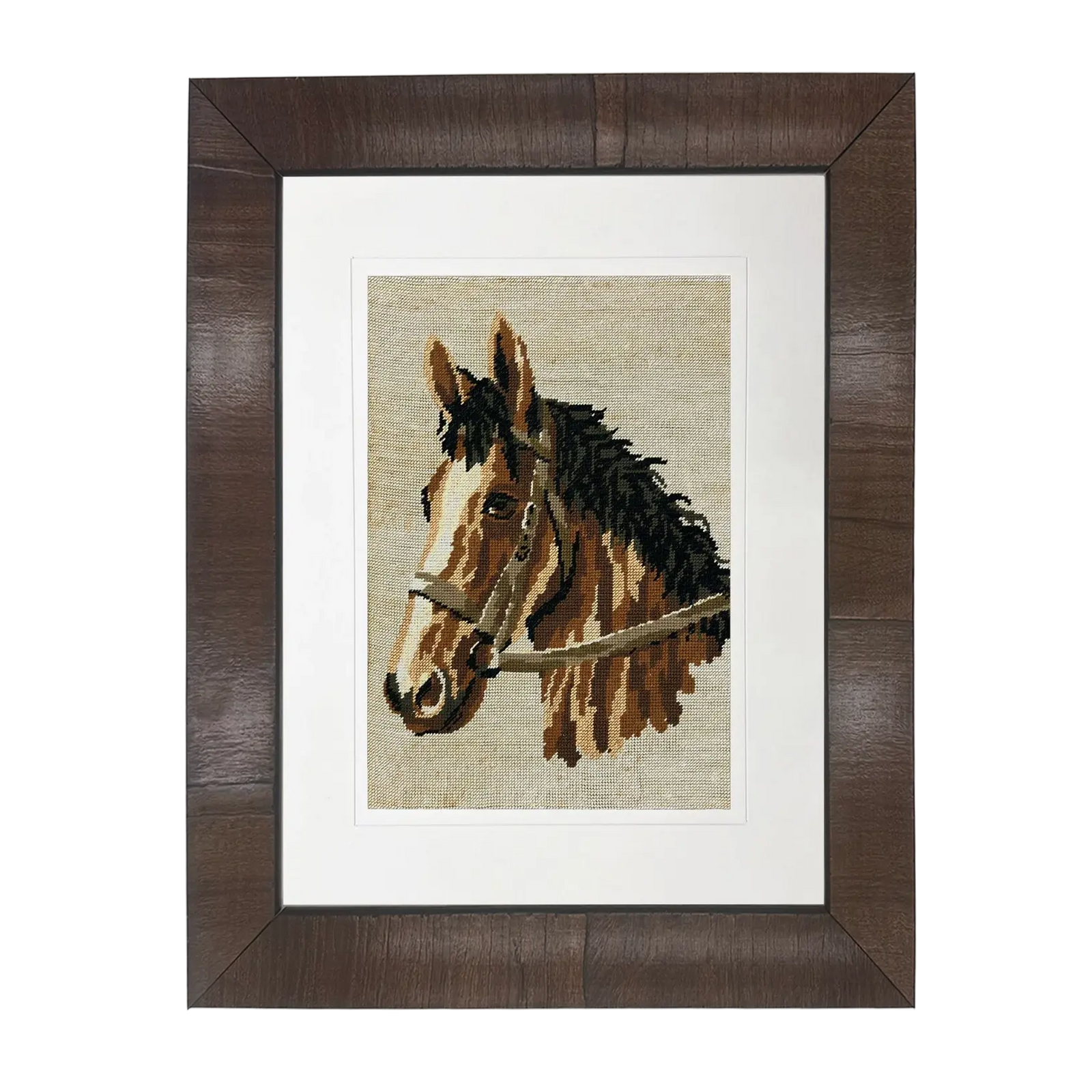 Needlework Horse Reproduction in Light Burl Frame Wall Art Antique Curiosities Inc