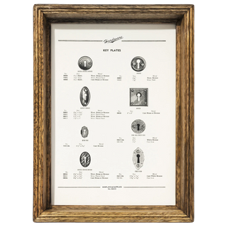 Vintage hardware catalog print of key plates in a Puebco recycled wood frame, Depth Small 9 x 7 in — deep-set wood moulding