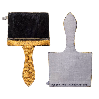 Paint brush Craftsman Pouch by Puebco, front and back views — gold-beaded handle and black velvet body with embroidered bristle texture