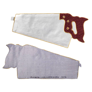 Hand saw Craftsman Pouch by Puebco, front and back views — silver blade with maroon embroidered handle and gold piping