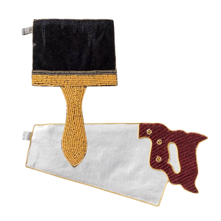 Puebco Craftsman Pouches — paint brush and hand saw shapes shown together, hand-sewn with seed beading, embroidery, and velvet detailing