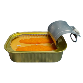Sandalwood tinned fish candle, soy wax blend with orange palette scene in sardine-style peel-back tin