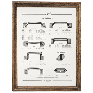 Vintage hardware catalog print of bar sash lifts in a Puebco recycled wood frame — broad weathered wood moulding with visible grain (Wide Small 11 x 9 in and Wide Large 18 x 12 in)