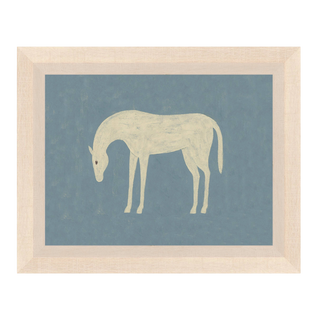 Folk-art white horse with bowed head on dusty blue, in a blonde wood 9x7 frame, suited to a grandma-core study.
