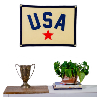 Heritage Americana USA camp flag for the 250th, screen-printed at Oxford Pennant's studio in Buffalo, New York