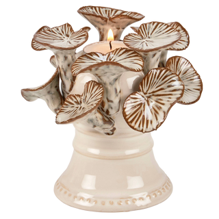 Cream ceramic tealight holder with sculpted trumpet mushrooms — Wren Supply Co.