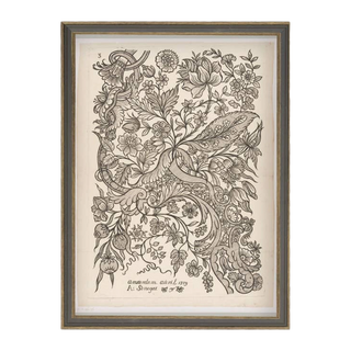 Antique paisley botanical sketch in cream and ink, set in a Grey Brown ornate 7x9 frame for a Secret Garden gallery wall.