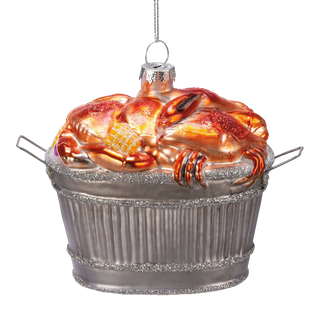 Glass crab bushel ornament, straight-on view of the silver bushel basket full of red crabs, white background