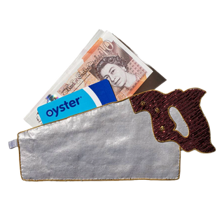 Hand saw pouch holding UK currency and a London Oyster card, sized to fit IC and credit cards