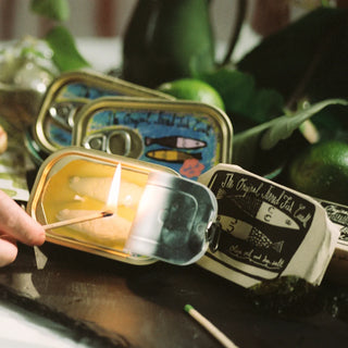 Novelty Mediterranean home decor candle hostess gift, tinned fish Pinterest aesthetic