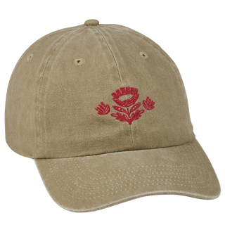 Tan cotton baseball cap with red folk floral embroidery, everyday wear — Wren Supply Co.