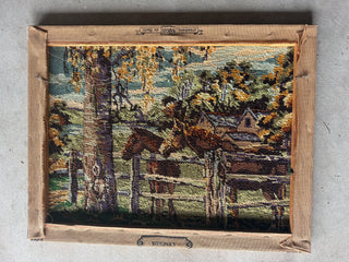 Back of the needlepoint on wood stretcher bars, the canvas stamped Créations Margot de Paris and L'Enclos, wire hanger attached