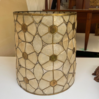 Vintage 1970s drum lamp shade in windowpane capiz shells with brass leading, the panels hand-laid in a hexagonal flower pattern with brass medallion centers