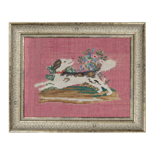 Vintage cross-stitch dog with a basket of flowers on pink, in an ornate silver 10x8 frame for a "my room, my rules" wall.