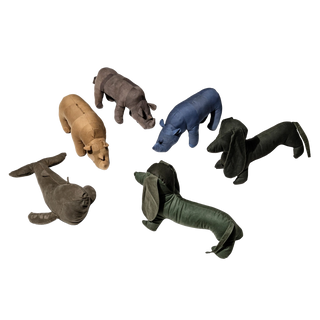 Puebco repurposed fabric stuffed animals — whale, dog, and rhino