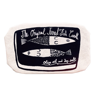 Sardine tin candle packaging detail, handmade Atlanta small-batch soy candle