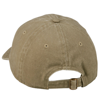 Tan cotton baseball cap with adjustable antique-brass buckle, back view — Wren Supply Co.