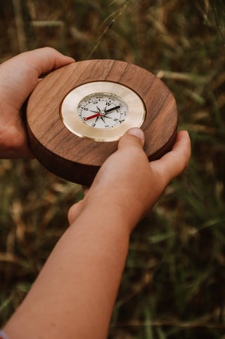 Wooden compass in black walnut and brass with domed glass face — working nature compass and keepsake gift — Wren Supply Co.