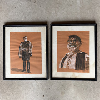 Pair of framed ink and gouache drawings of Cretan figures on ochre paper
