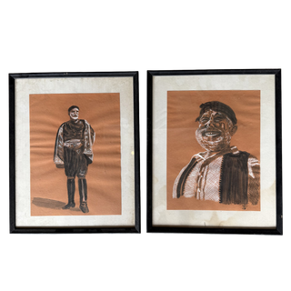 Pair of Cretan Figure Studies, Ink & Gouache on Ochre Paper