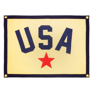 Cream wool felt camp flag with arched navy USA lettering, a single red star, and four brass corner grommets