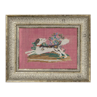 Vintage cross-stitch dog with a basket of flowers on pink, in an ornate silver 7x5 frame for a kid's room or gallery wall.