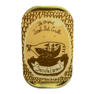 Creamy sandalwood candle peel-back lid detail, hand-illustrated sardine-tin scene inside
