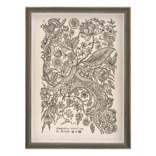 Antique paisley botanical sketch in cream and ink, set in a Grey Brown ornate 11x15 frame for a dark cottagecore reading nook.