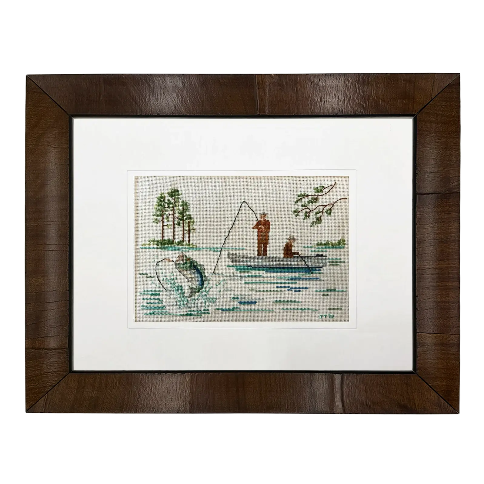 Cross Stitch Fishing in Light Walnut Burl Framed Wall Art Antique Curiosities Inc