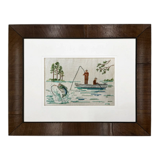 Cross Stitch Fishing in Light Walnut Burl Framed Wall Art Antique Curiosities Inc