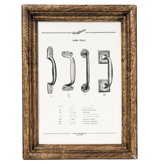 Vintage hardware catalog print of door pulls in a Puebco recycled wood frame, Narrow Small 9 x 7 in — slim wood moulding