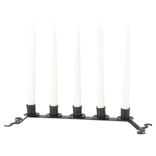 Black wrought-iron five-taper candelabra with scrolled feet — mantel decor — Wren Supply Co.