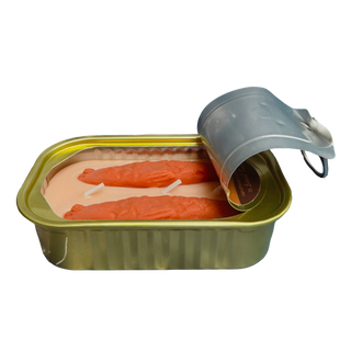 Oakmoss and amber tinned fish candle, coral-toned sardine scene soy wax blend in peel-back tin