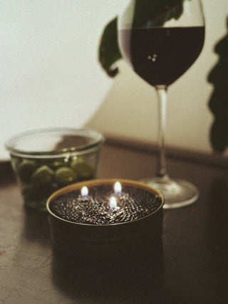 Caviar tin candle, champagne-scented gel wax in a real caviar tin with metal lid — novelty hostess gift — Wren Supply Co.