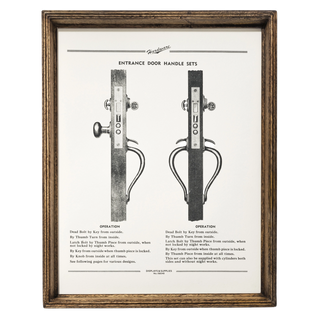 Vintage hardware catalog print of entrance door handle sets in a Puebco recycled wood frame, Depth Large 14 x 11 in — deep-set wood moulding