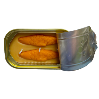 Sandalwood scented candle close-up, novelty sardine tin Atlanta small-batch home decor