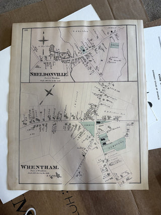 1876 hand-colored atlas plate showing Wrentham and Sheldonville village plans, Town of Wrentham, Massachusetts